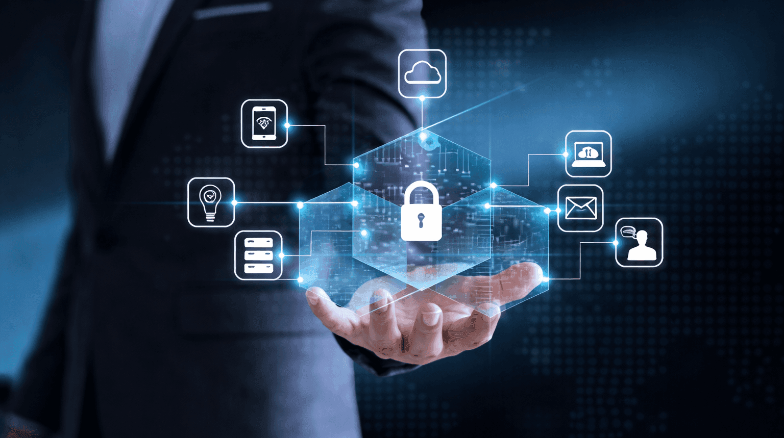 Glowing digital fingerprint scan icon centered on a blue circular interface, representing biometric authentication.