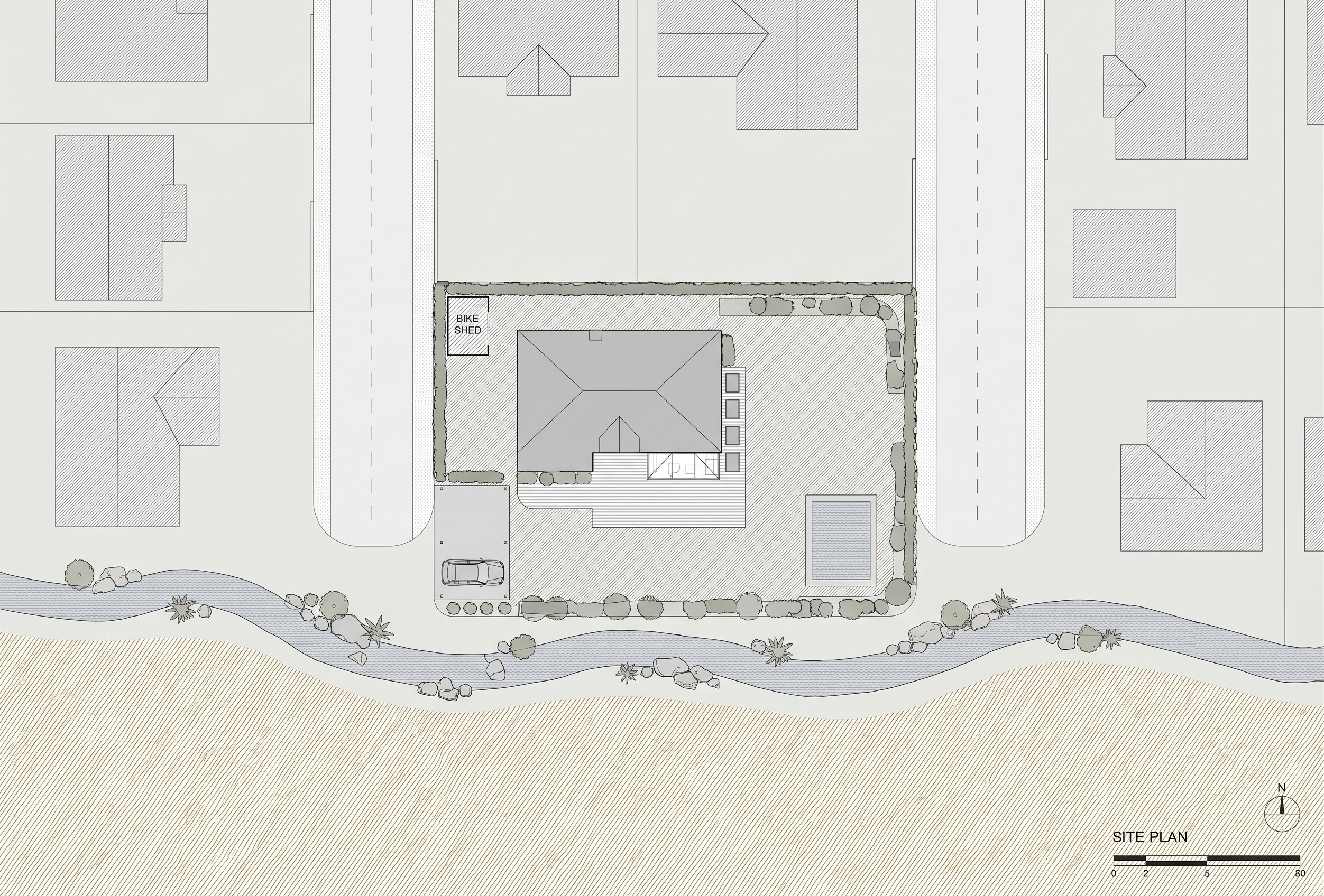 Isometrische Zeichnung eines Bauprojekts mit mehreren Gebäuden und markierten Strukturen in Rot