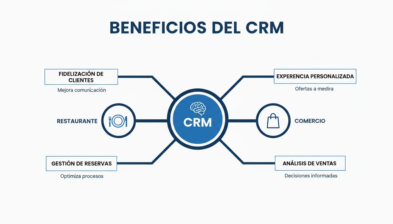 Un diagrama que ilustra los beneficios del CRM, como fidelización de clientes, experiencia personalizada y análisis de ventas.