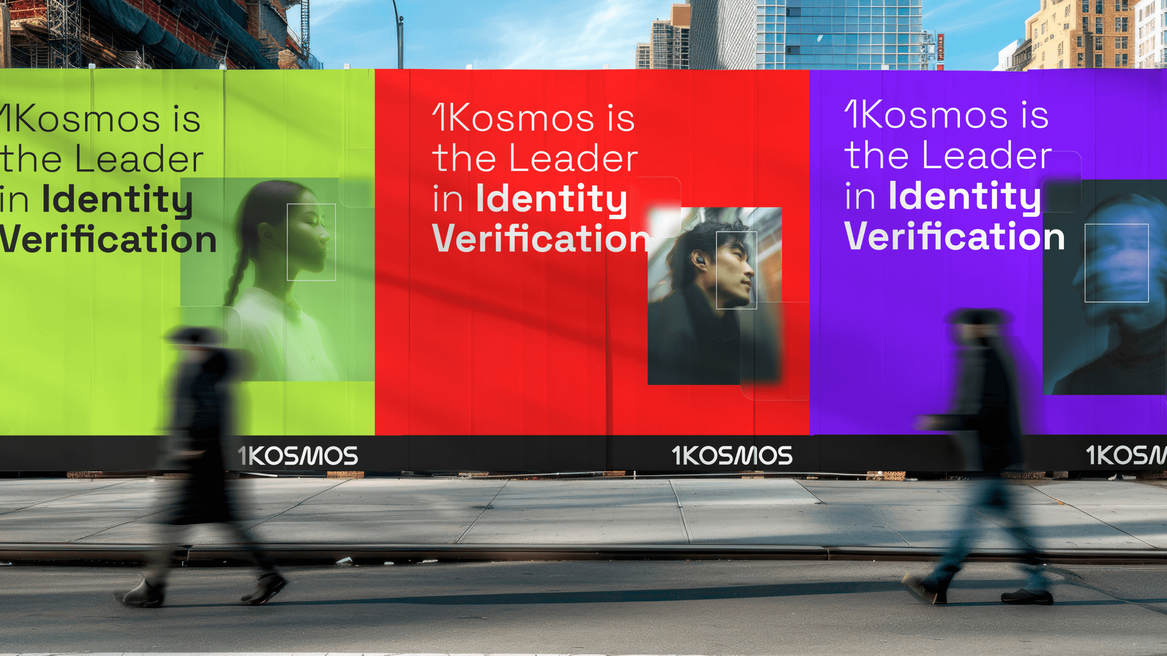 Collage of 1Kosmos social media ad mockups covering funding news, FedRAMP authorization, and identity verification messaging