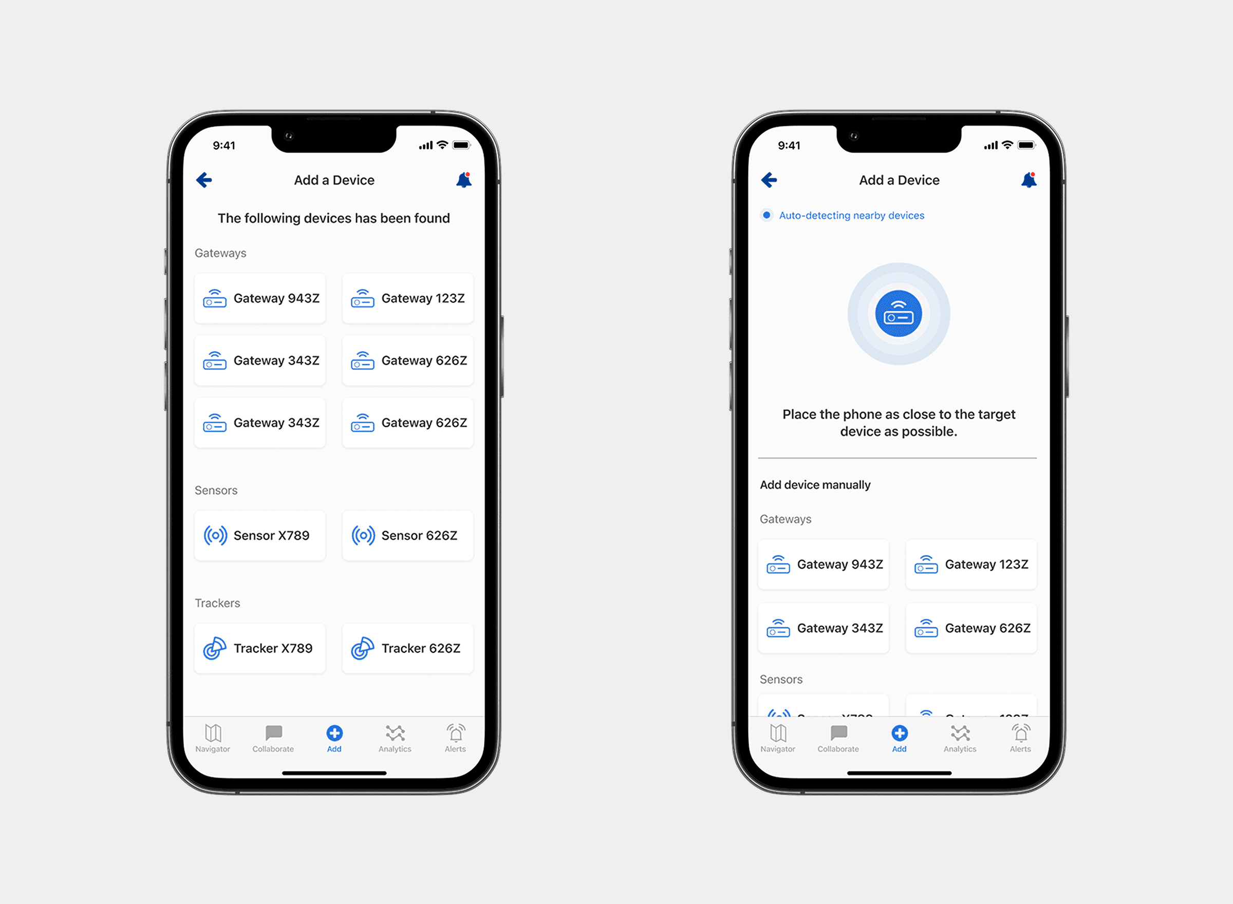 ParkourSC mobile app two-screen flow for adding a device: a list of auto-detected gateways, sensors, and trackers, and an NFC scanning screen prompting the user to place the phone near the target device