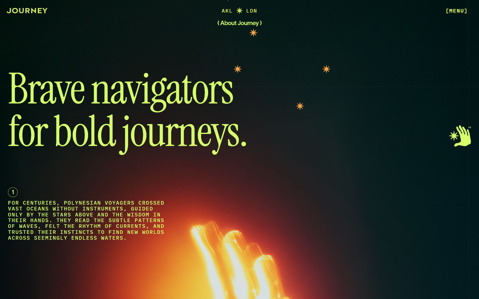 Glowing text says, "Brave navigators for bold journeys." Star-like icons, hand symbol below. Small text paragraph on left.