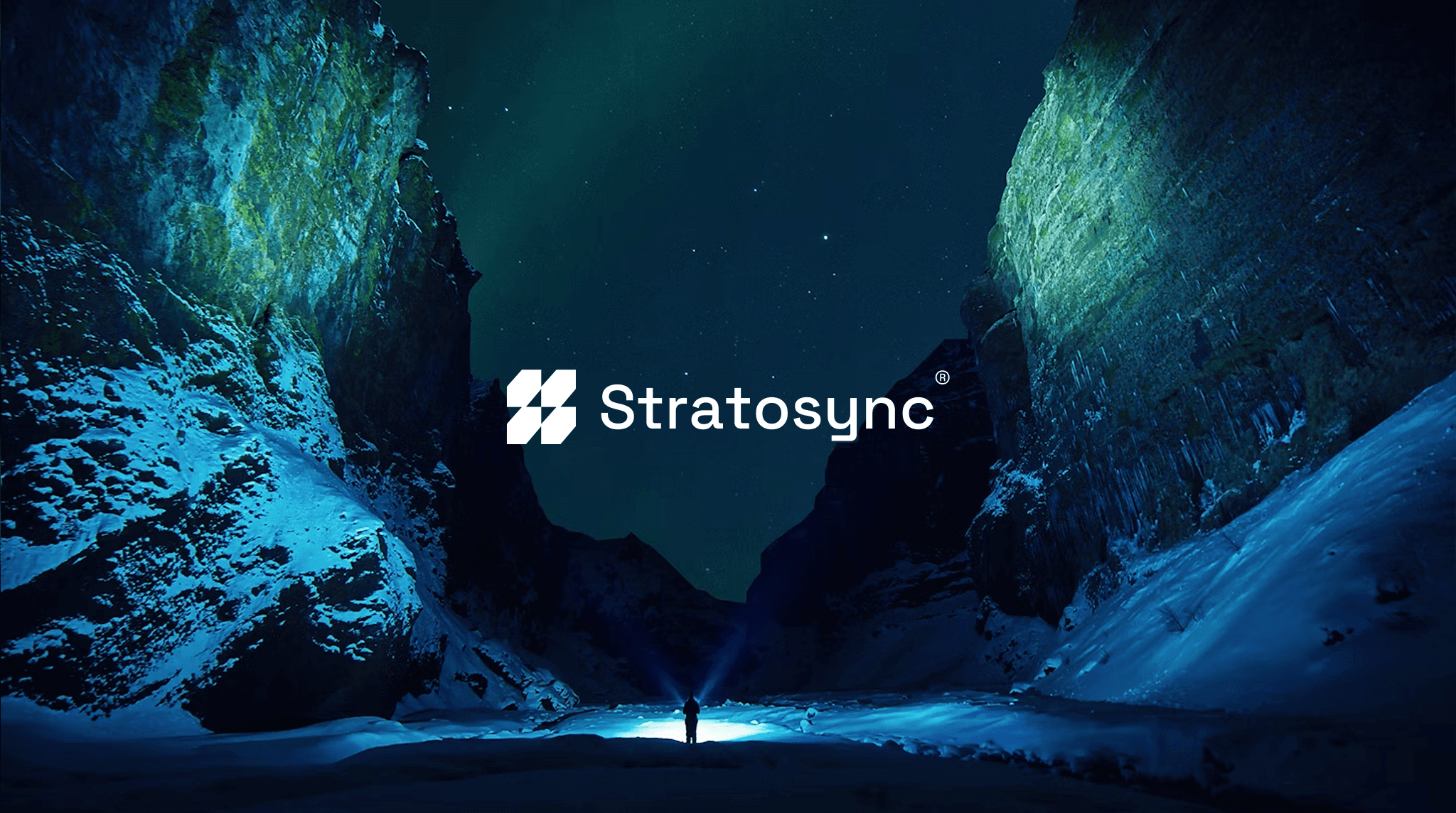 Stratosync® logo displayed in a high-tech, dark blue canyon setting, symbolizing encrypted satellite connectivity and cybersecurity solutions.