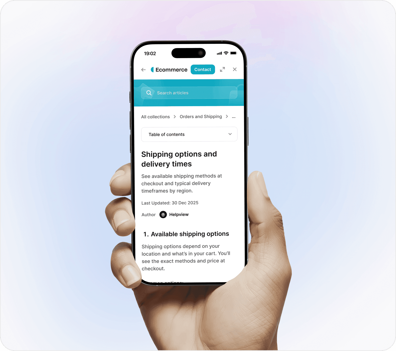 Mobile ecommerce help center article about shipping options and delivery times.