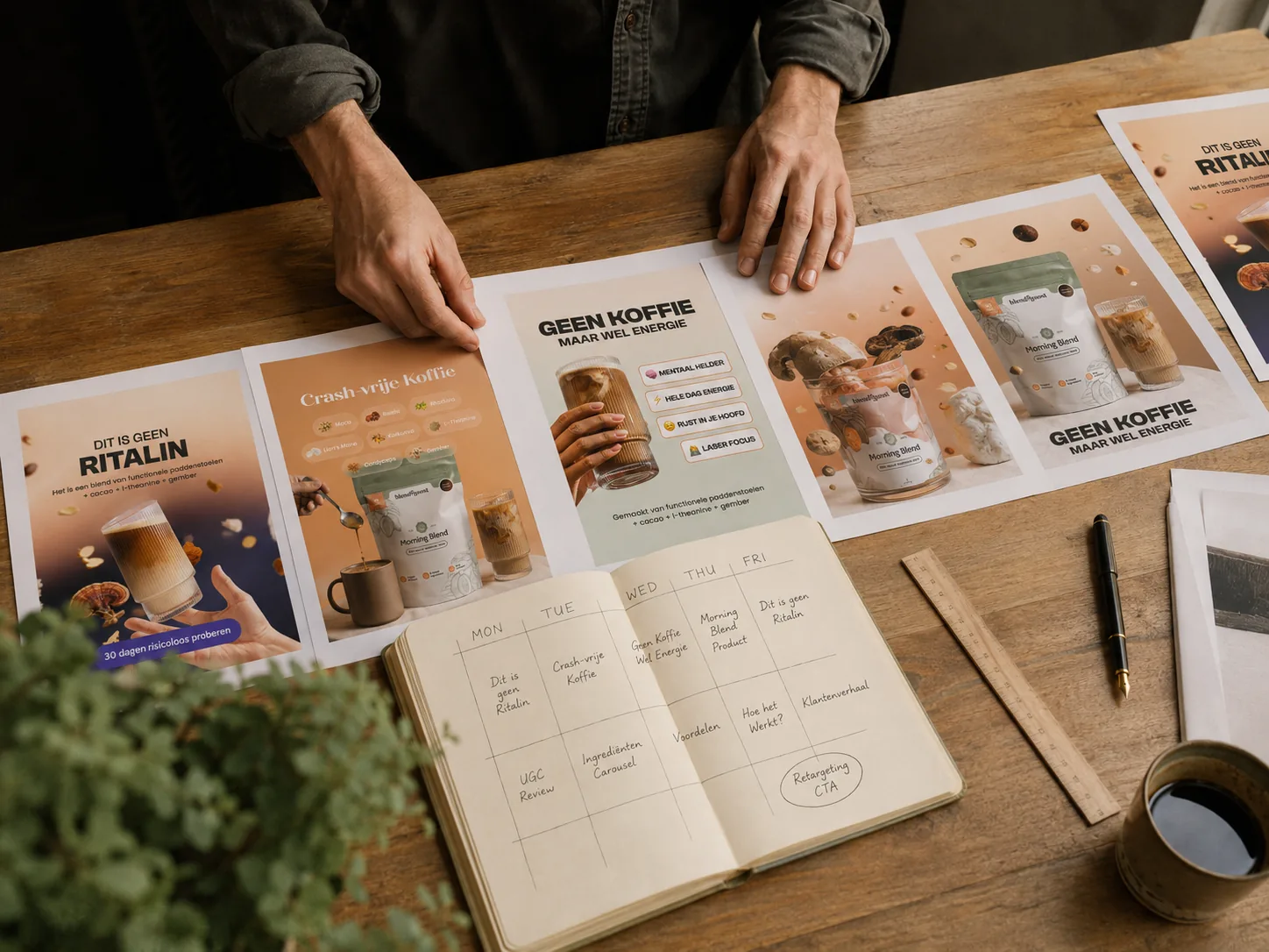 Koffiebranding marketing materialen met Geen Koffie producten en planning journal op houten tafel