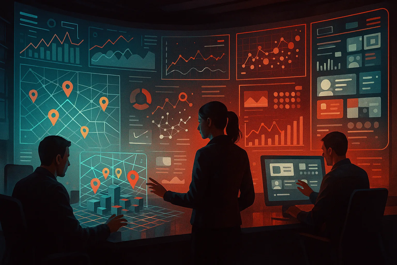 Digital Marketing team analyzing data on screens at RockN' Socials agency.