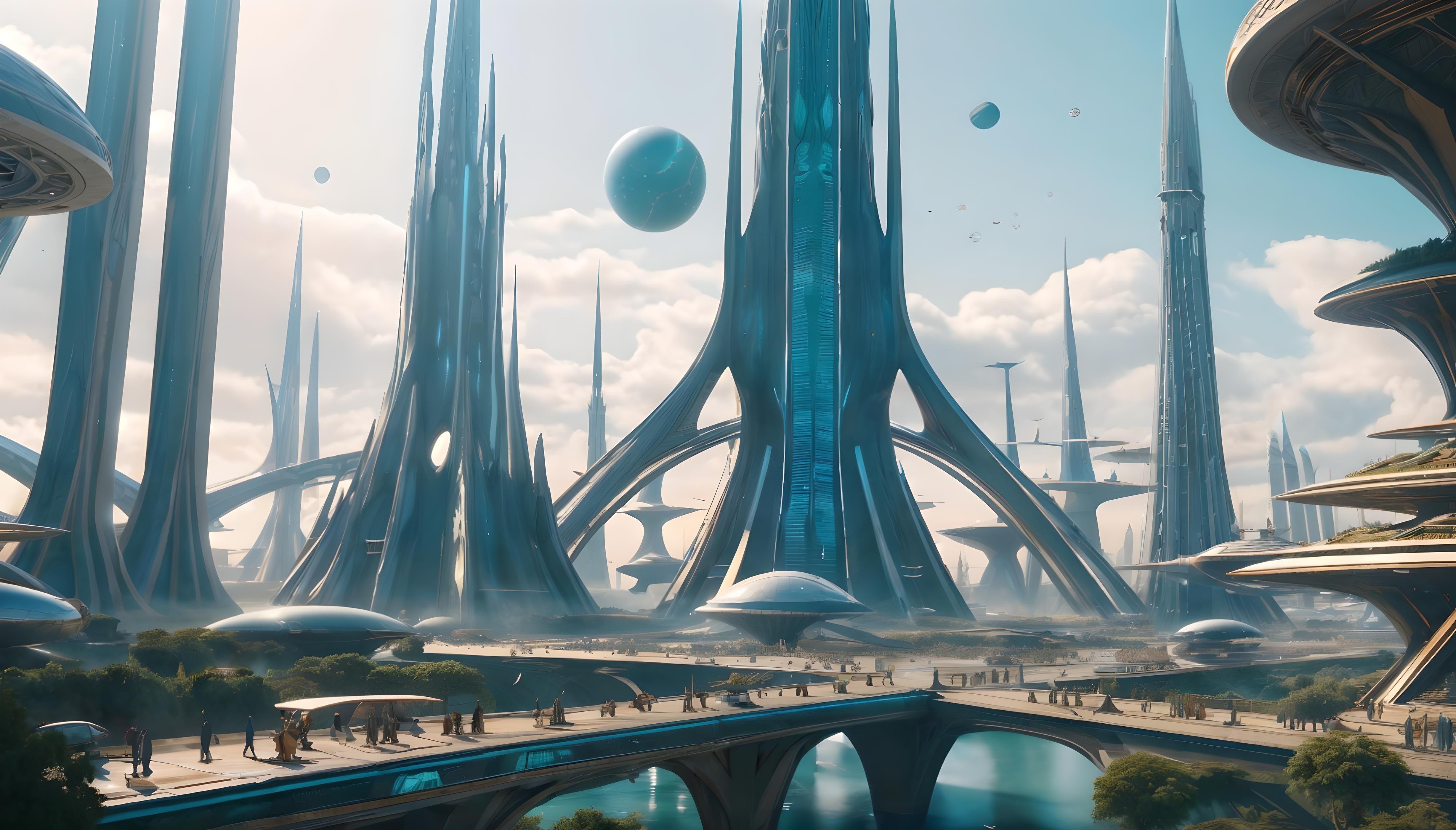 A panoramic image of a vibrant futuristic alien city that has wide walkways over rivers and tall organic skyscrapers and buildings