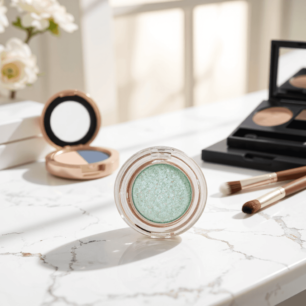 product photography of a compact of eyeshadow, used for makeup application, featuring a soft green color