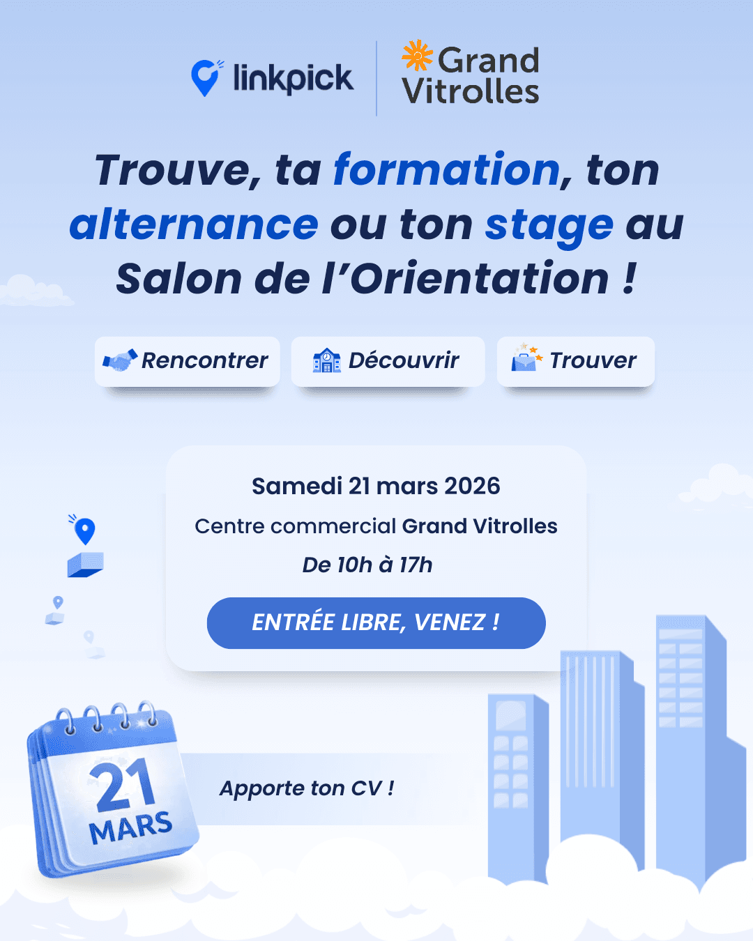 Visuel de promotion du salon orientation & alternance de Vitrolles invitant les visiteurs à trouver une formation, une alternance ou un stage.