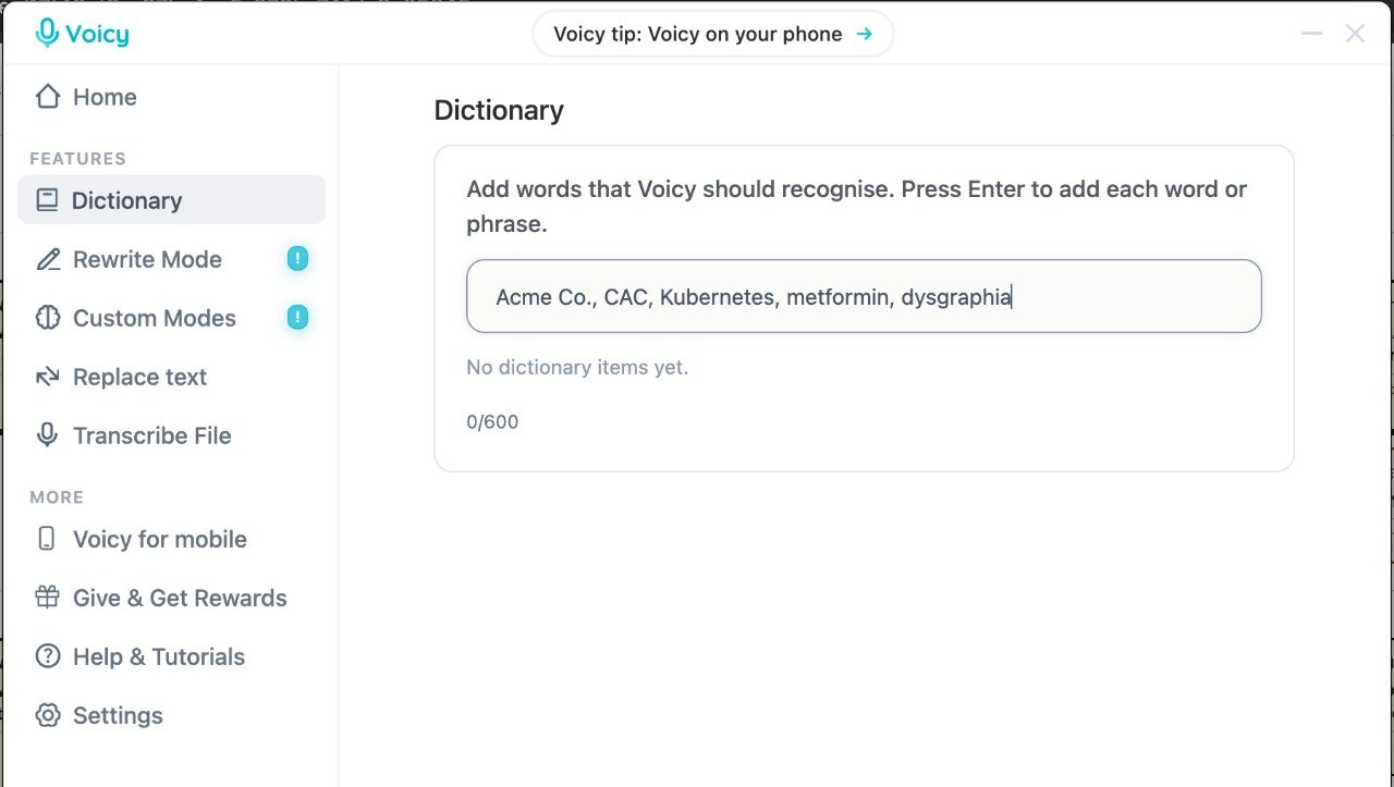Voicy dictionary screen showing custom vocabulary terms for speech recognition