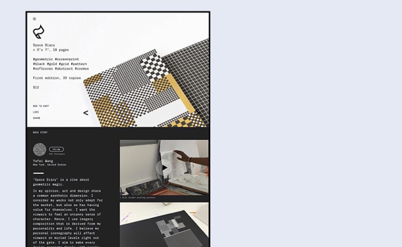 A webpage displays a black-and-white geometric design composed of intersecting squares and rectangles in varying shades of gray and white. The design is centered and occupies most of the page, with text and images below it. At the top, a logo featuring a stylized arrow is visible. Below the logo, the text reads “Space Dialery,” “5” x 7”, 18 pages,” “Geometric,” “Holographic,” “Gold #3D,” “Pocket,” and “Holographic #3D,” “Faceted,” “Faceted Edition,” and “30 copies.” To the left, a circular logo labeled “Yafs Wang” with “New York, United States” is accompanied by a smaller image showing a hand interacting with a geometric object. To the right, a section titled “BACK STORY” includes text and a small image. The background is light gray.
