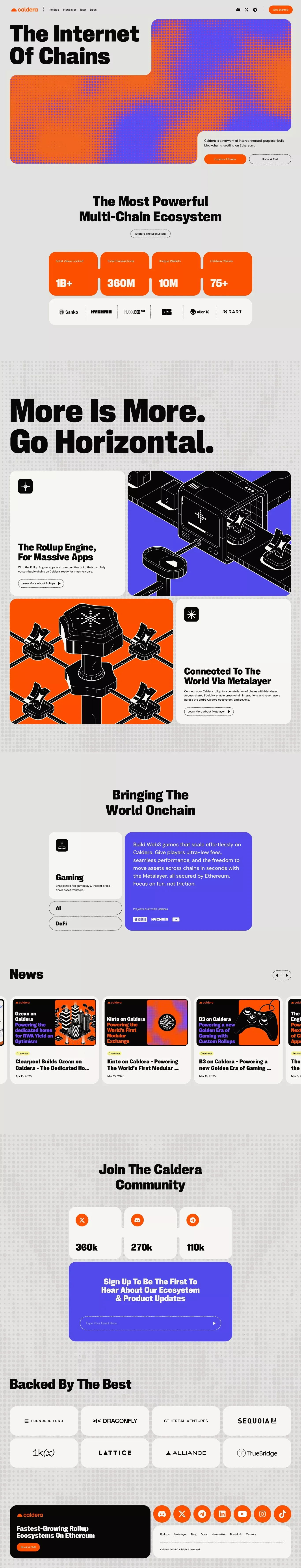 Caldera - The Internet of Chains landing page screenshot showcasing Finance and NFT / Crypto / Web3 design