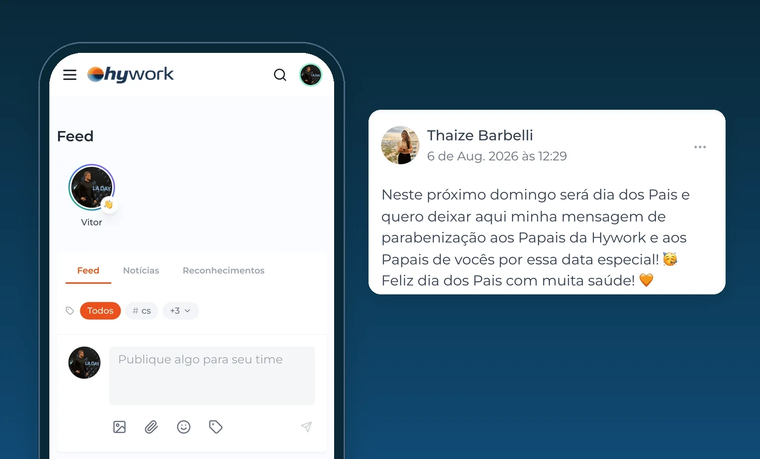 Aplicativo do Hywork num celular, com o feed da empresa e o campo para publicar; ao lado, um post do time em destaque