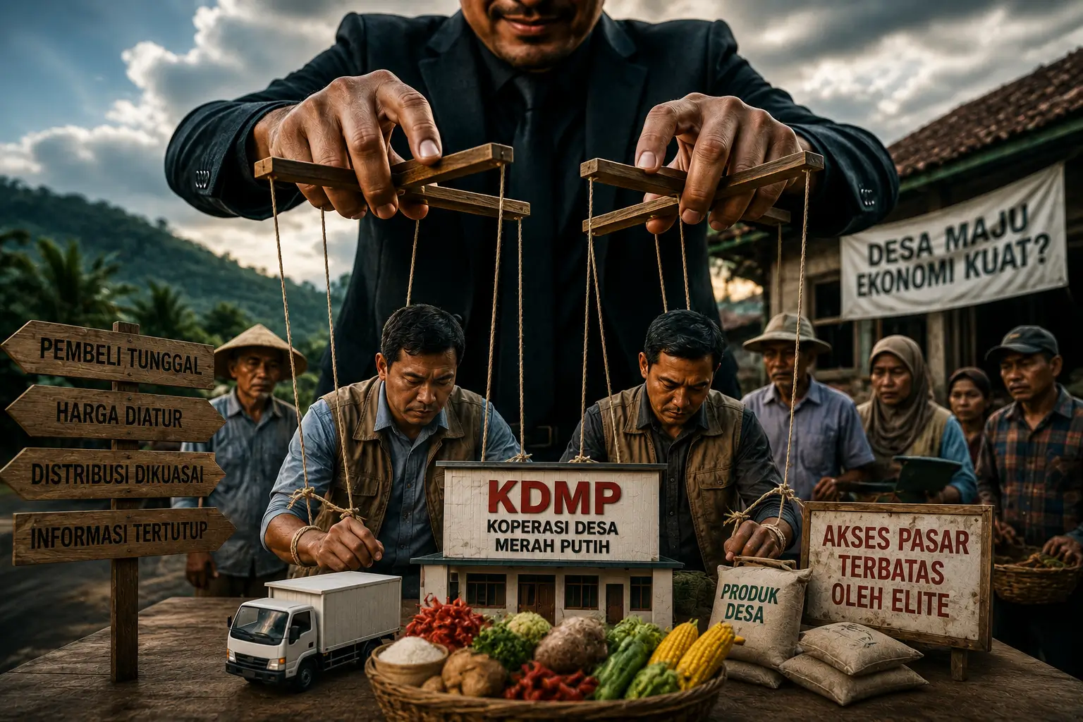 Ilustrasi elite capture di desa di mana segelintir elite lokal mengendalikan akses distribusi dan ekonomi program KDMP-BUMDes