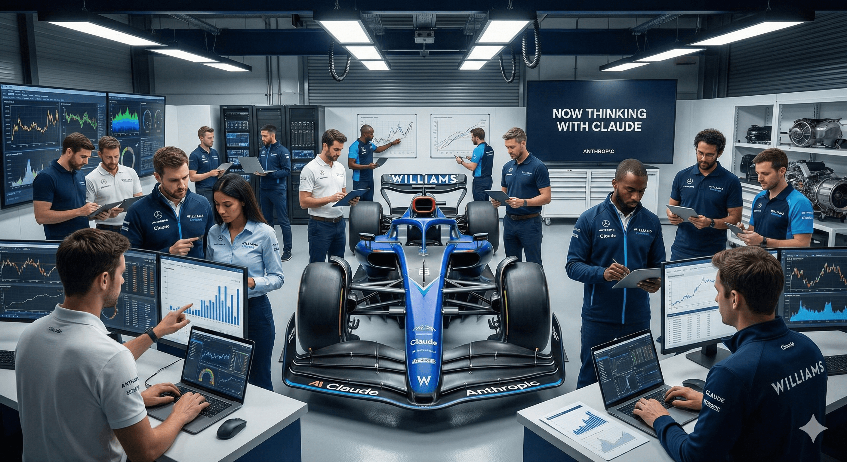 In a modern automotive workshop, team members in Williams F1 attire surround a high-tech blue Formula 1 car, attentively engaging with digital screens and charts, highlighting the innovative partnership with Anthropic and Claude.