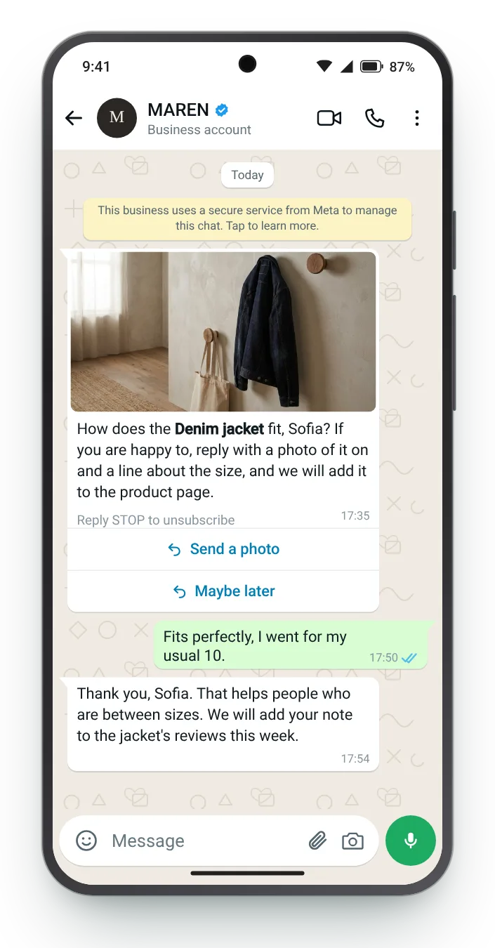 Asking for a photo, in the chat: WhatsApp review request on an Android phone