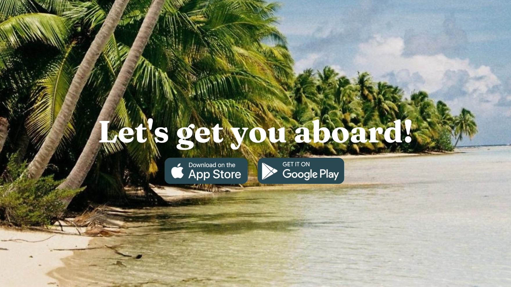 SeaPeople app download banner on a tropical beach with “Let’s get you aboard” message