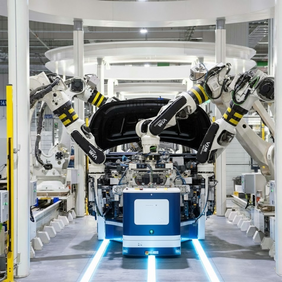 Multiple industrial robots perform work on a part that is carried by an AMR.