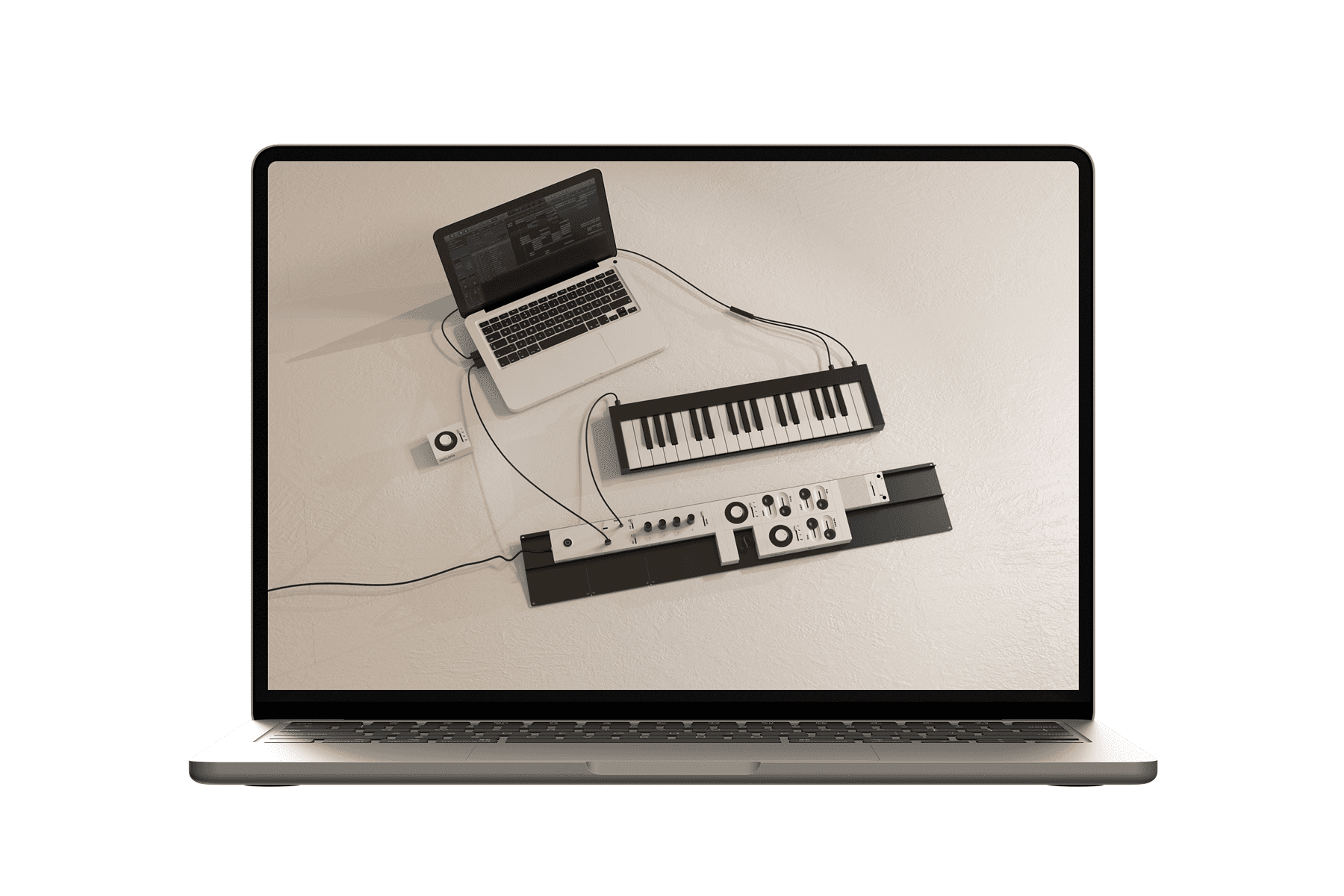 Laptop displaying a creative workspace setup with music production equipment and a digital interface.