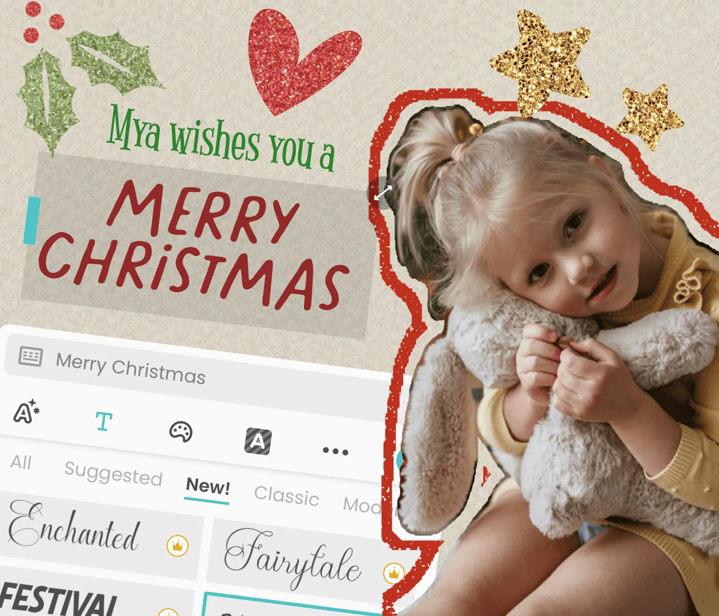 Personalizing a 'Merry Christmas' holiday card with template choices and font options