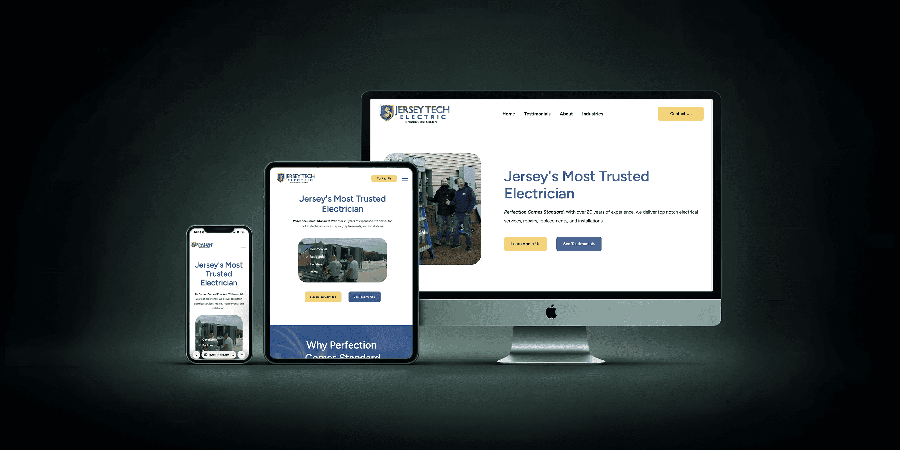 Responsive electrician website design displayed on desktop tablet and mobile devices