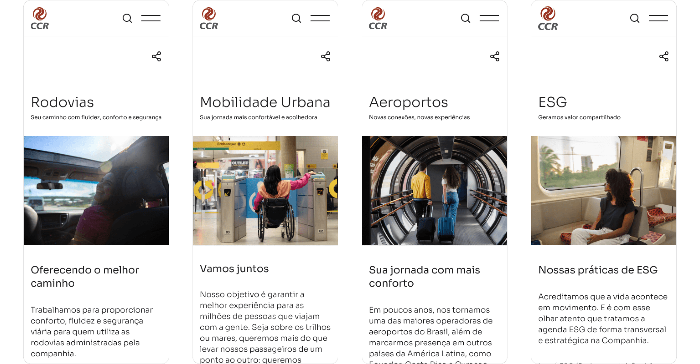 Home mobile CCR Rodovias, Mobilidade Urbana, Aeroportos, ESG
