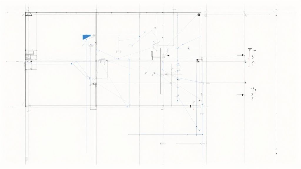 A wireframe of a website layout on a piece of paper, with a coffee cup and pen nearby.