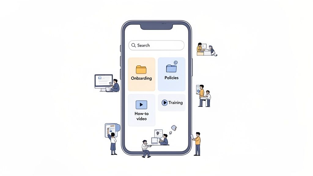 An illustration of an employee resource app on a phone surrounded by people working and collaborating.
