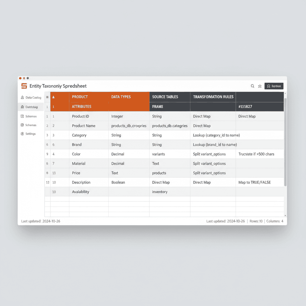 Entity taxonomy spreadsheet for mapping product catalog data to programmatic templates