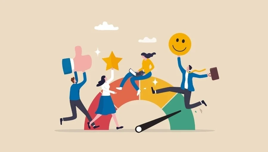 Illustration of happy employees celebrating high engagement with symbols like thumbs up, star, and smiley face near a satisfaction gauge.