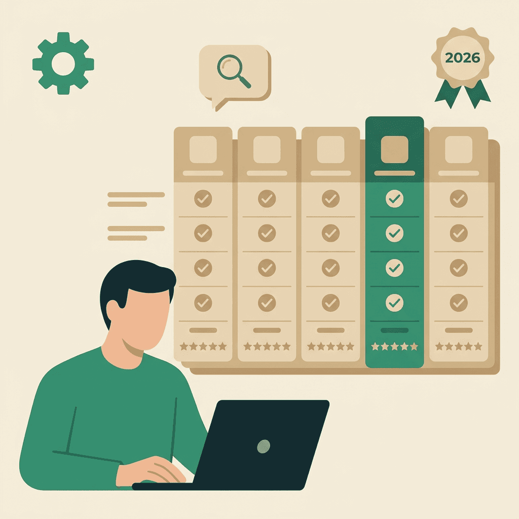A flat vector illustration showing a person using a laptop and looking at a digital feature-by-feature comparison table with multiple plan columns. The second column is highlighted in green, indicating a selected best-choice plan with all features checked and a higher star rating, alongside a gear, search icon, and a 2026 award badge.