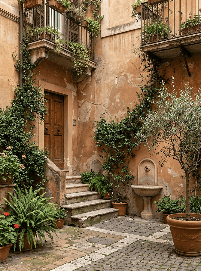 тихий внутренний двор Рима с растениями и старой архитектурой