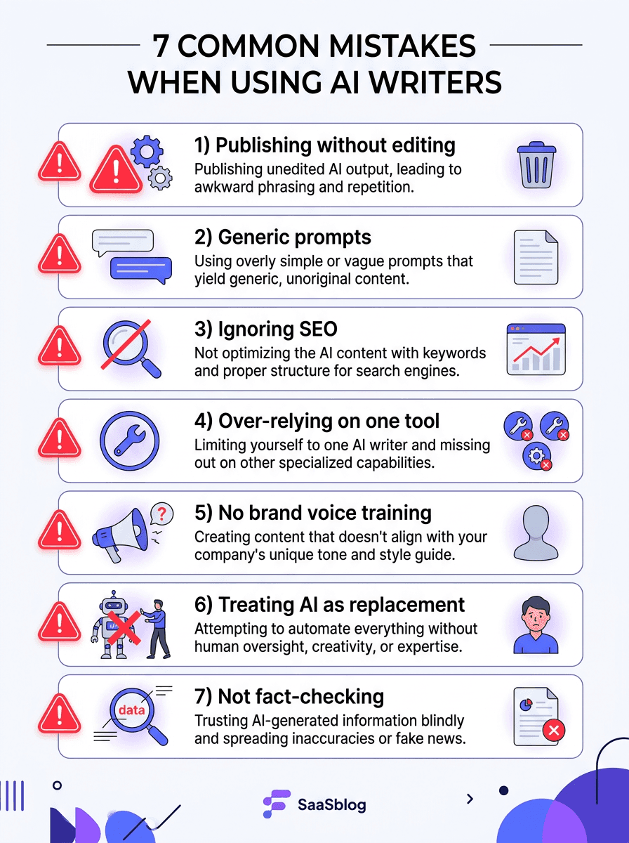 Infographic showing 7 common mistakes when using AI writers including publishing without editing and ignoring SEO