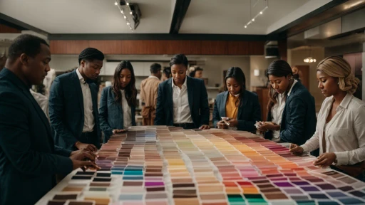 a group of people stand around a table covered in swatches of vibrant colors, deeply engaged in conversation.