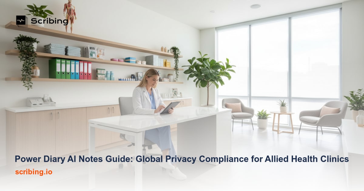 Allied health clinic workspace with laptop showing clinical notes and privacy protection symbol representing Power Diary AI Notes global privacy compliance