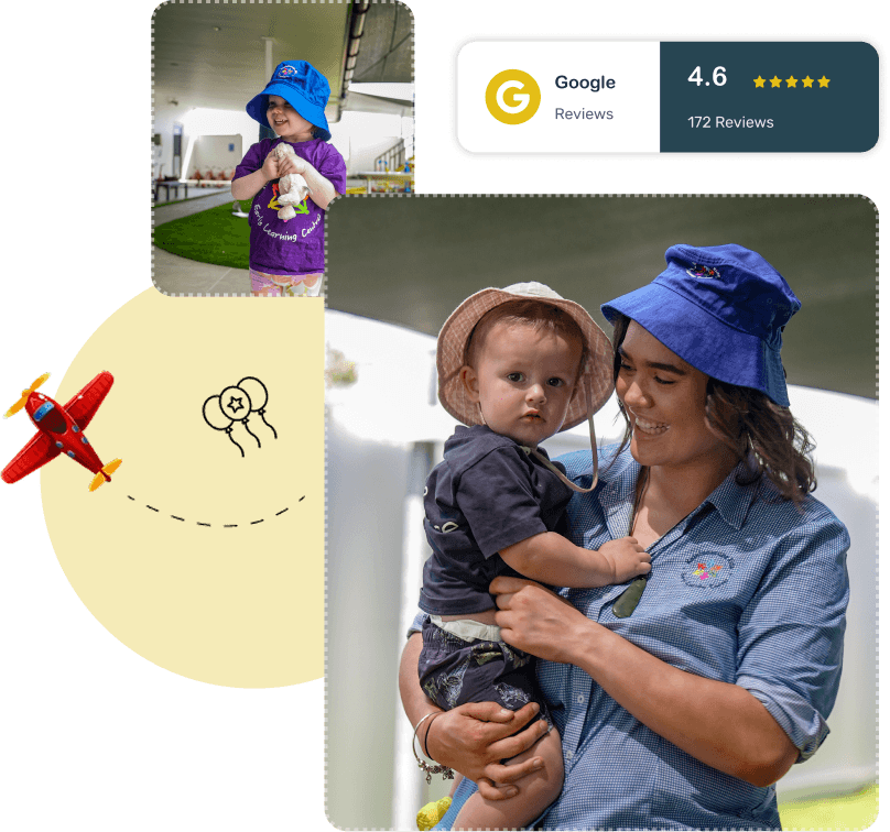 Children reading outdoors with their educator at Kaleidoscope Kids Early Learning Centre, alongside a smiling toddler and a 4.6-star Google Reviews badge showing parent satisfaction.