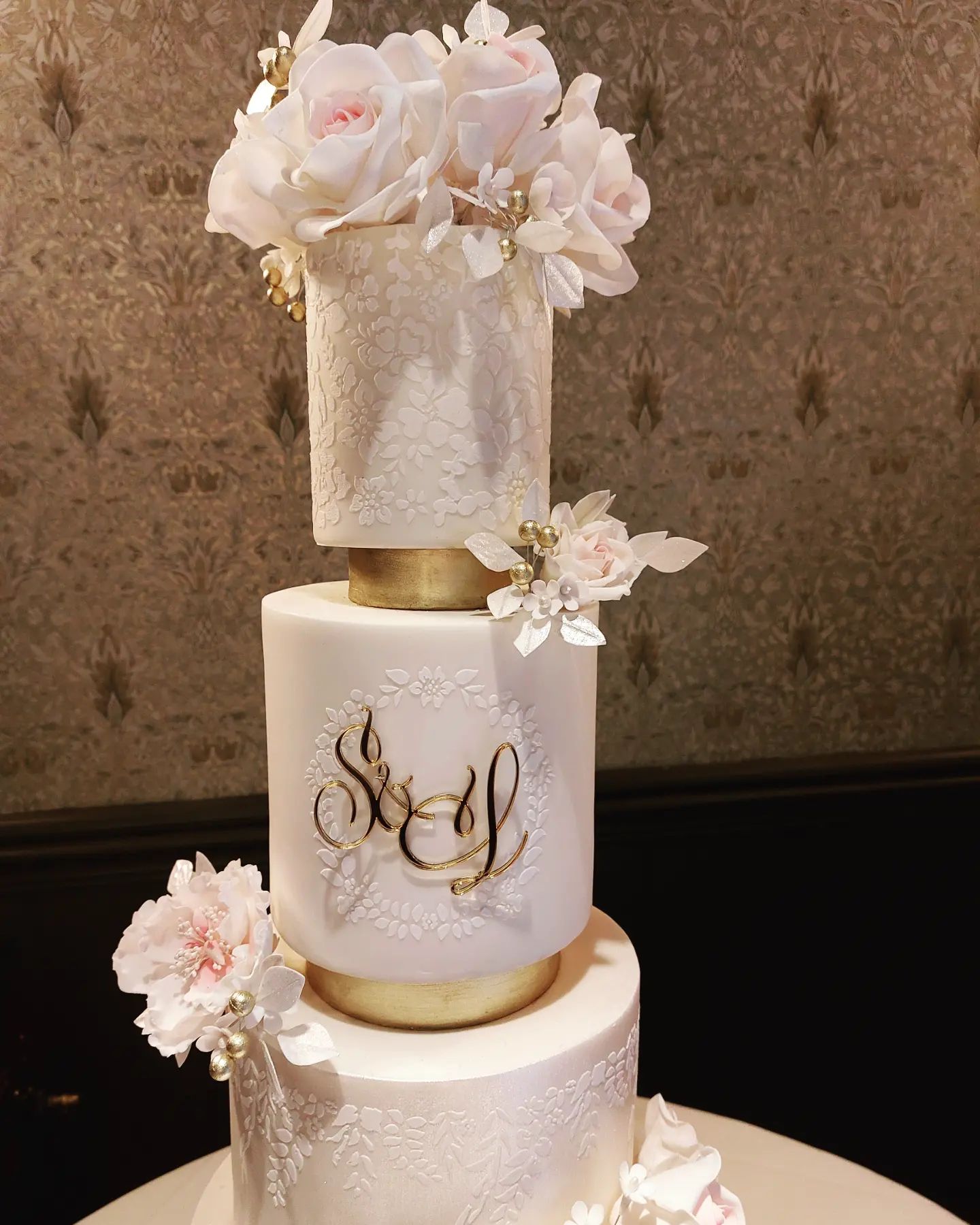 Lace & Blush Elegance Four Tier Wedding Cake