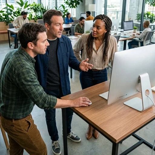 Équipe de créatifs en agence analysant des flux de données, des profils de créateurs et des indicateurs de performance sur plusieurs écrans et supports numériques, illustrant notre expertise en Stratégie d’influence pour donner vie à vos projets via nos services de marketing d’influence.