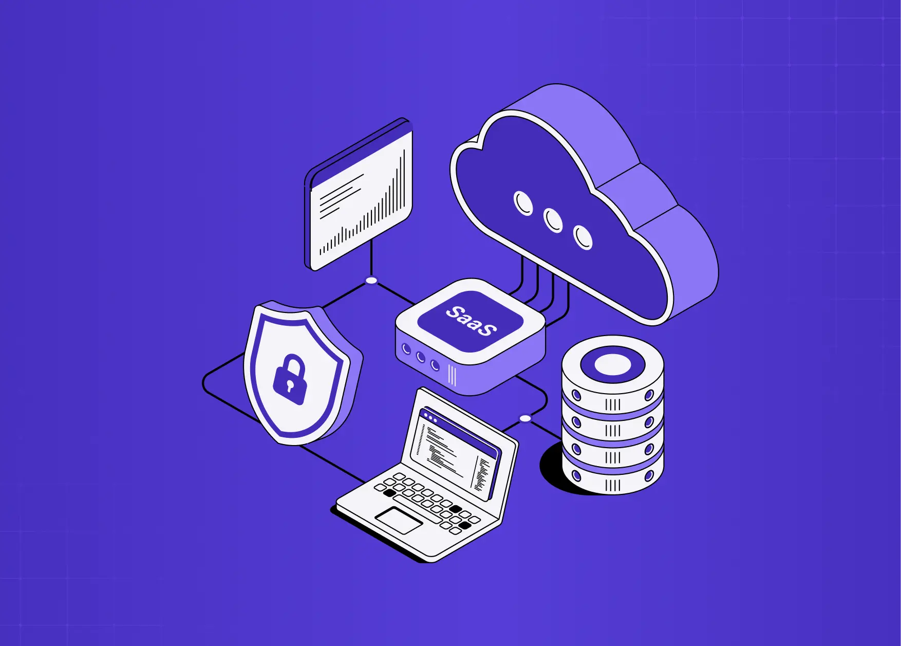 Isometric illustration of a SaaS ecosystem featuring cloud infrastructure, security, databases, and connected applications.