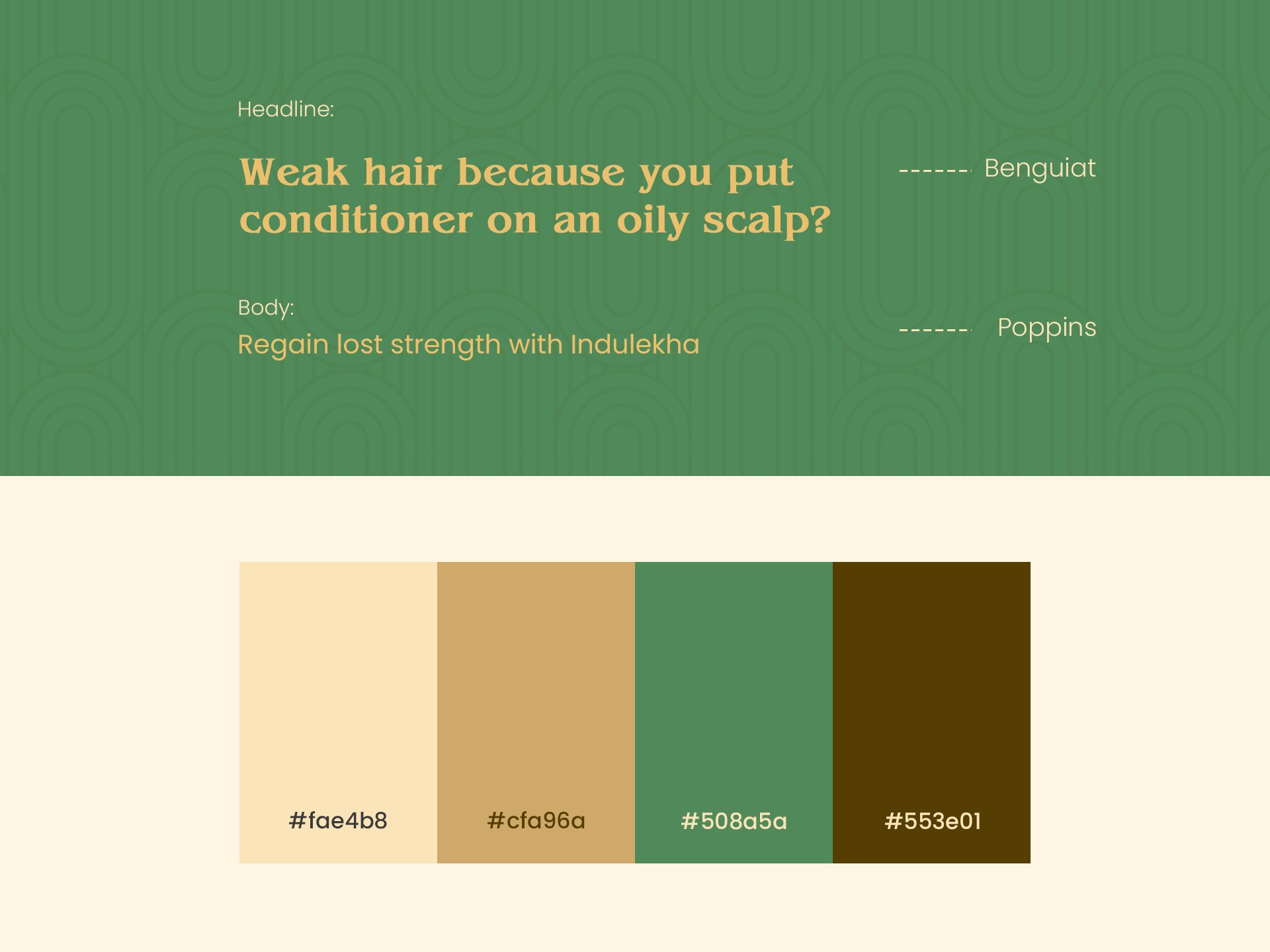 Indulekha brand system reference showing a sample post in Benguiat and Poppins with the cream, tan, green and dark green colour palette