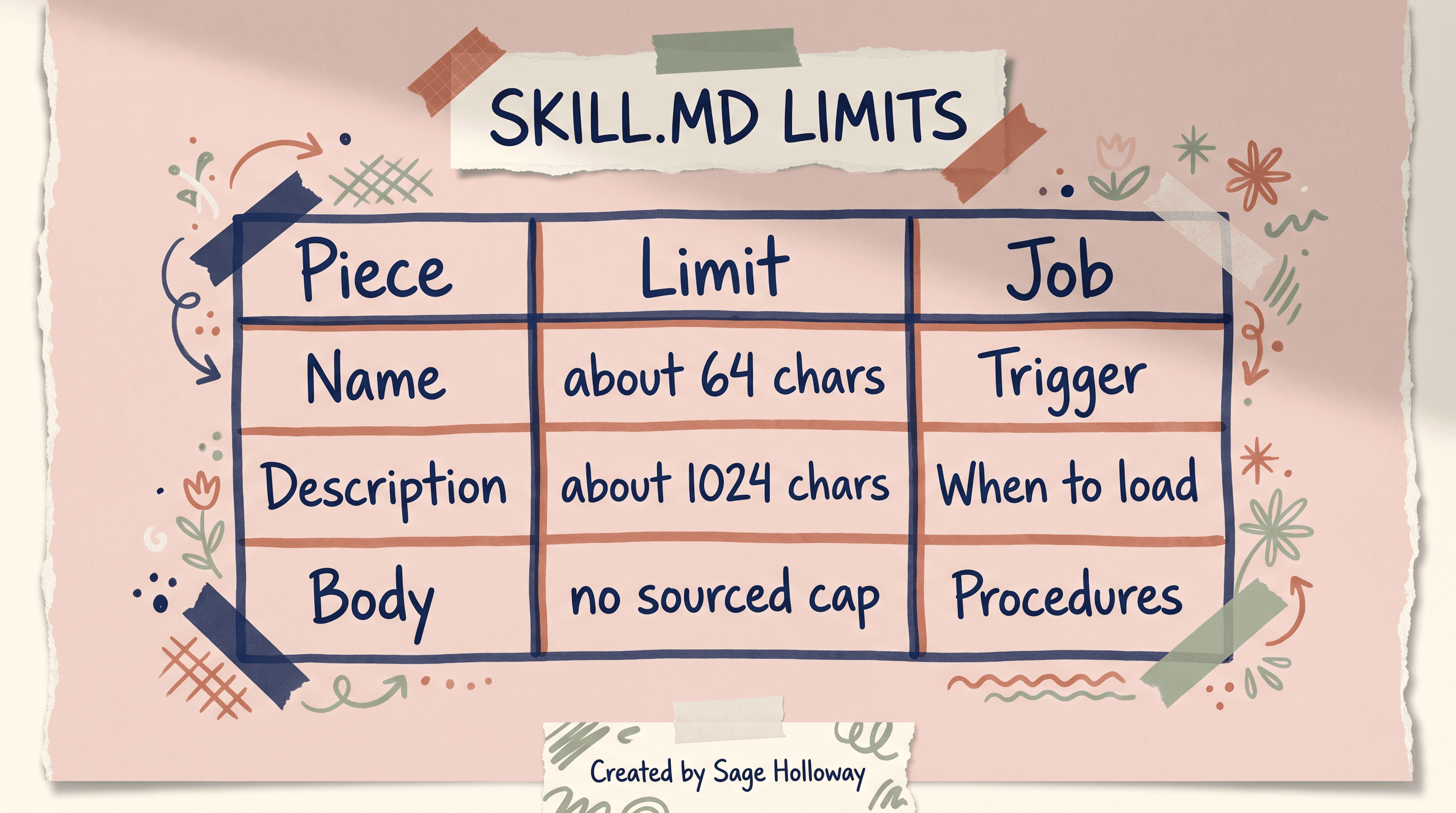 Table of Claude Code skill.md metadata limits: name about 64 characters and description about 1024 characters
