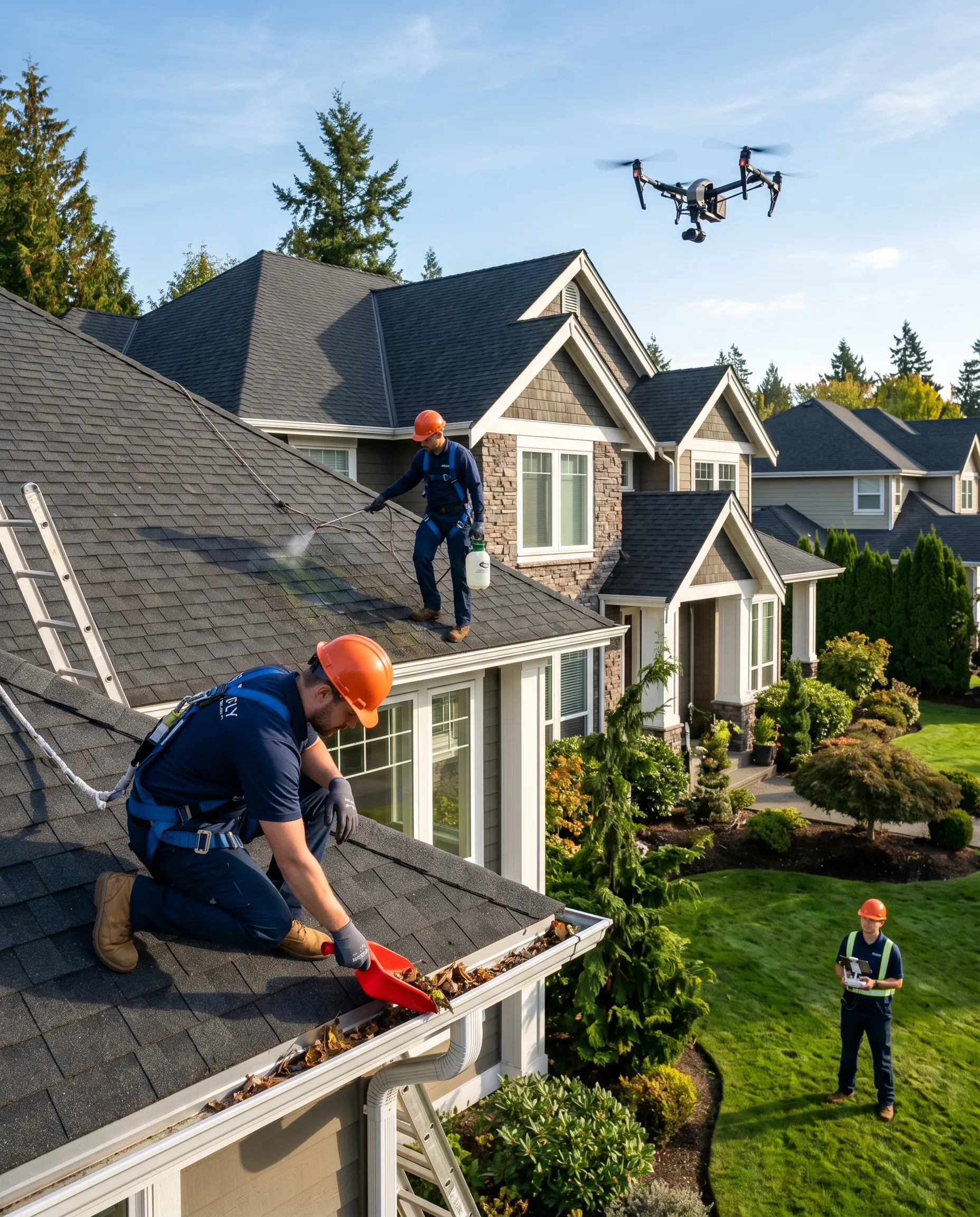 Workers clean gutters and roof, drone flies above a house.