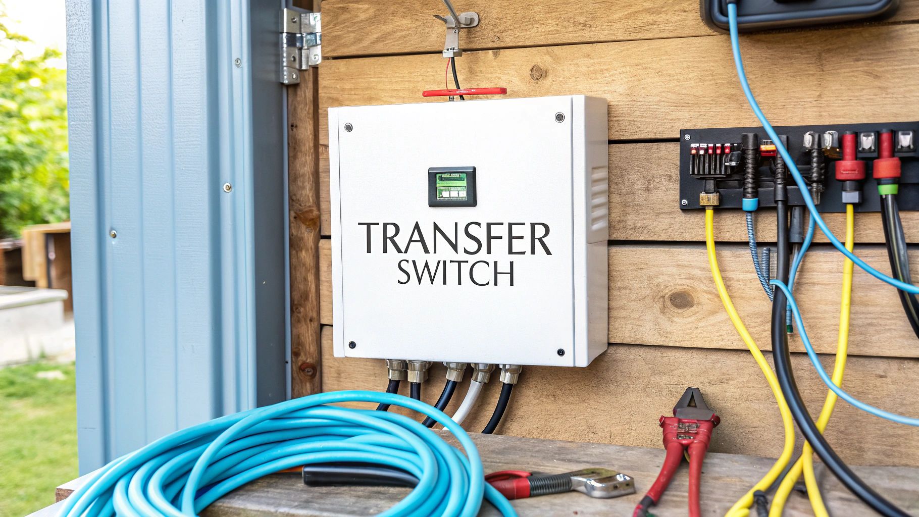 a wooden wall with a electric transfer switch showing the text 'transfer switch'