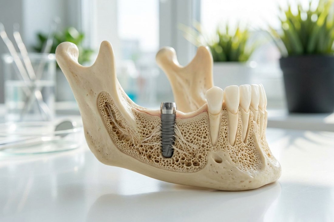 Cross-section jaw model showing a titanium implant fused into the bone