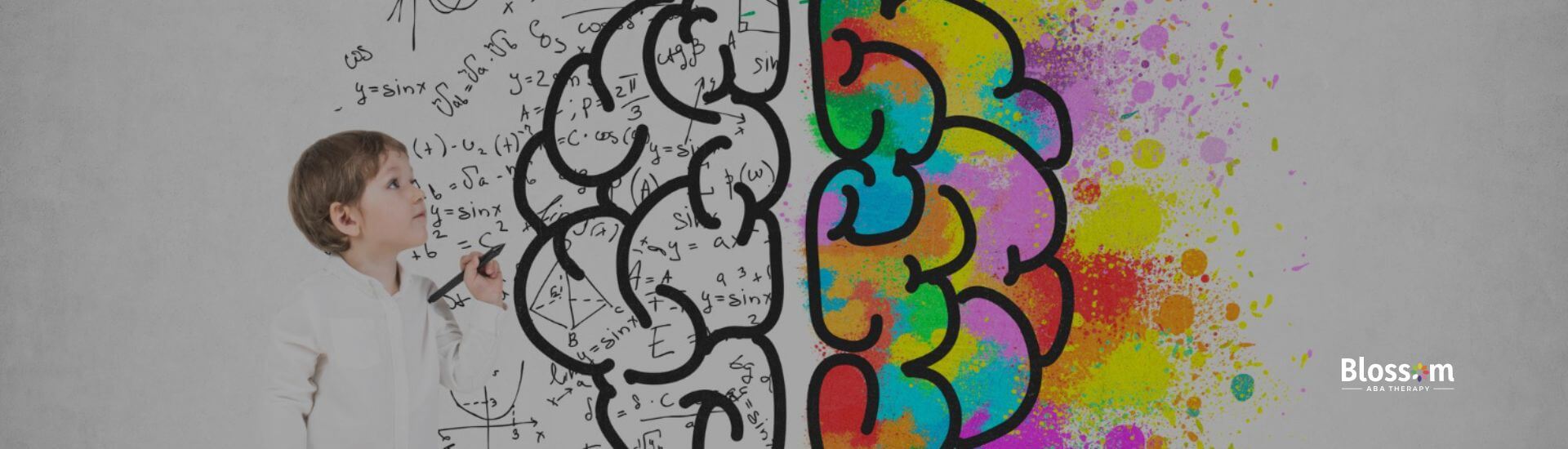 Child with autism standing by a large brain illustration with math formulas and colorful paint splashes.