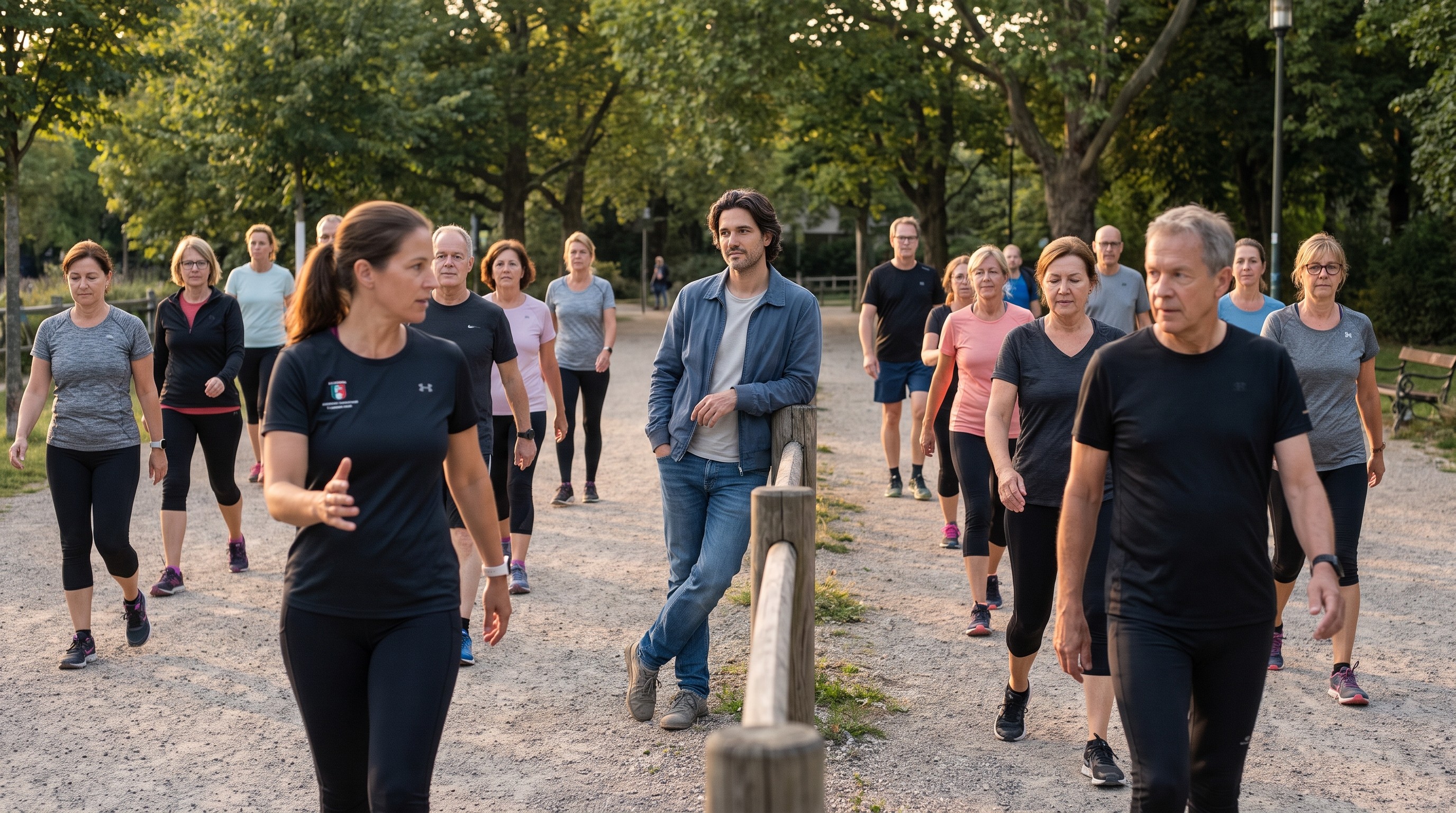 Gruppo di persone adulte pratica Walking in un parco urbano con istruttore certificato AIF