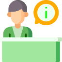 A flat icon of an information desk attendant sitting behind a light green counter with an info speech bubble.