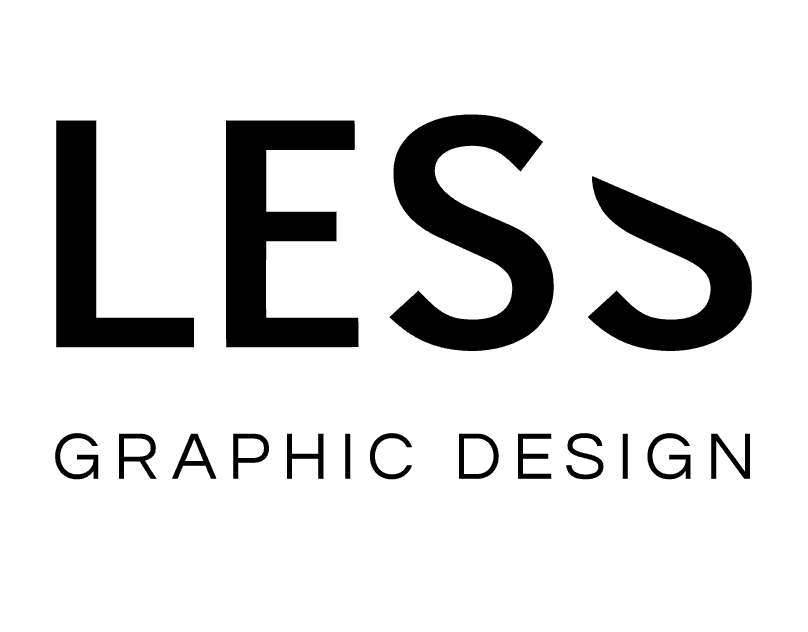 Black and white logo with the word 'LESS' in bold, and 'GRAPHIC DESIGN' below in a smaller font.