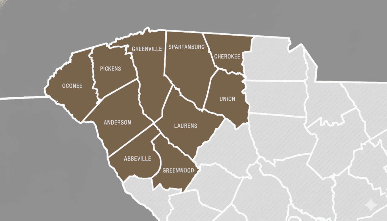 info graphic of the update of South Carolina highlighted in green. Servicing SC counties: greenville, pickens, oconee, spartanburg, charokee, union, laurens, anderson, abbeville and greenwood