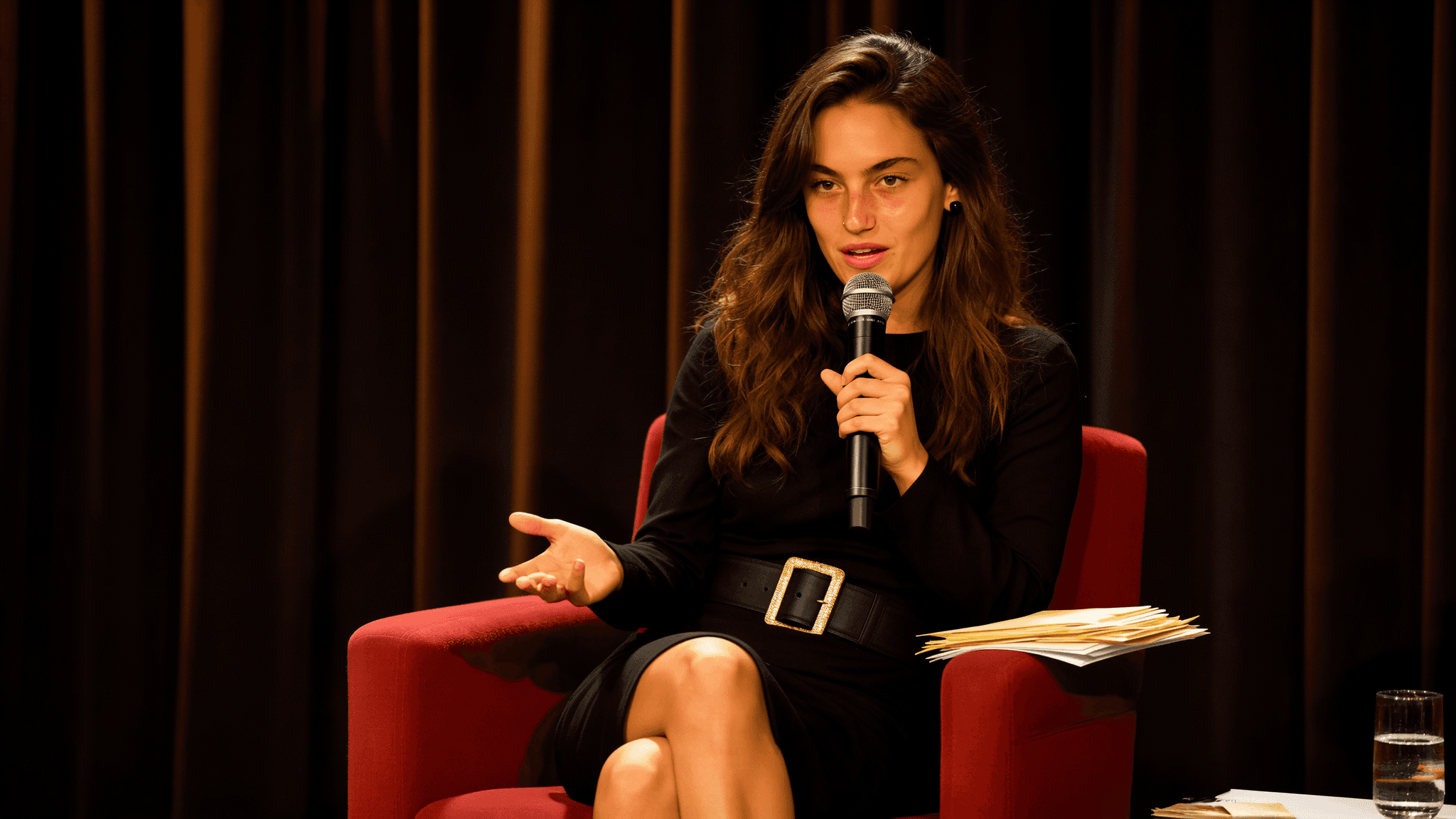 KI-generiertes weibliches Model sitzt auf einem roten Sessel und spricht in einem Interview- oder Panel-Setting in ein Mikrofon; trägt ein schwarzes Kleid mit breitem Gürtel – professionelle Business- und Event-Szene.